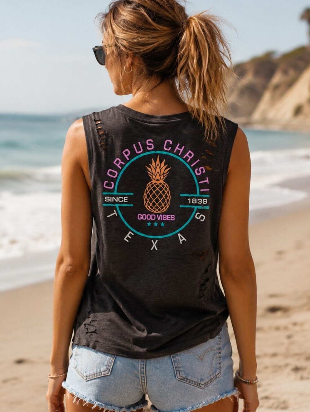 Corpus Christi Distressed Sleeveless Top XL Beach Surfer Coastal Graphic Tank